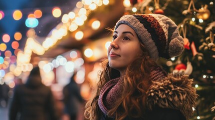 Girl in winter attire near a Christmas tree, festive market background