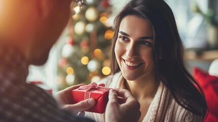 Woman receiving a surprise Valentine's gift from her partner, love concept