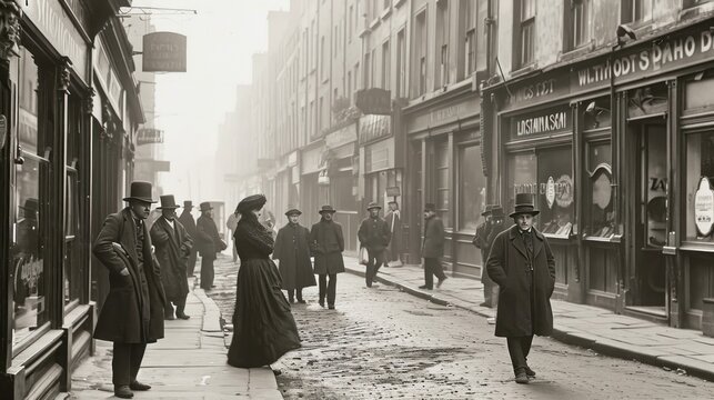 Fototapeta Old black and white street photographs from the Victorian era, capturing historic moments.