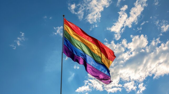 Rainbow flag waving against a blue sky, pride and diversity concept