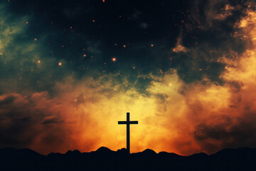 silhouette of Christian cross on mountain background - obrazy, fototapety, plakaty