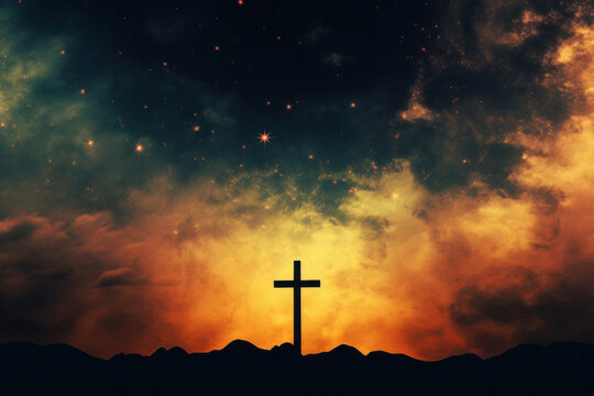 silhouette of Christian cross on mountain background