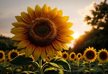 field with sunflowers in the sunset rays