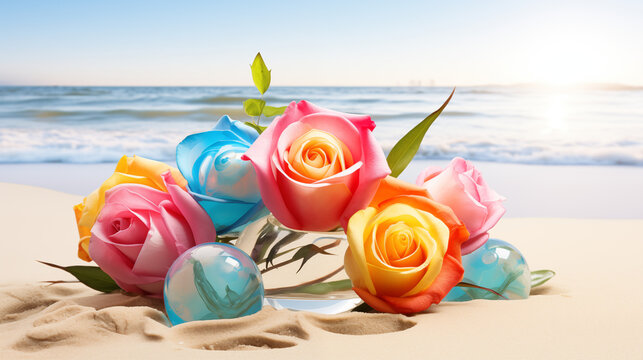 Colorful Roses And Eggs on beach, Happy Easter Day, Easter Bunny, Generative Ai