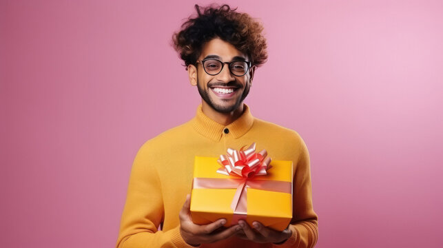 Young indian man smiling while holding gift box