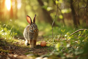 Fototapeta na wymiar Funny rabbit carries a easter egg in spring forest