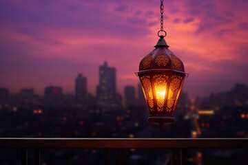 Lantern in the city at sunset. Ramadan Kareem background