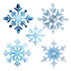 Set of different snowflakes, isolated on transparent background, PNG, 300 DPI	