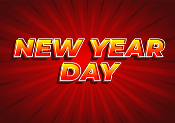 New year day. Text effect in yellow red color with 3D look. Red background