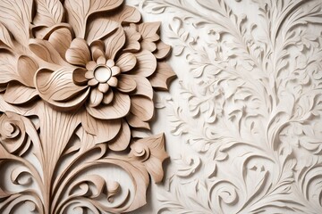  An HD image capturing the artistic finesse of papers with cut-out floral designs, arranged against a white wall background, creating a textured visual.