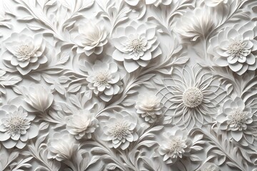  An artful composition capturing the delicate details of a white paper carving with a stunning flowers pattern, set against a flawlessly smooth white wall