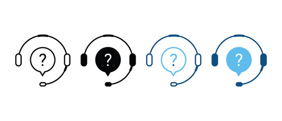 FAQ Silhouette Icon Set. Question and Answer Pictogram. Customer Support Service Symbol Collection. Online Operator, Headset with Speech Bubble and Question Mark Sign. Isolated Vector - obrazy, fototapety, plakaty