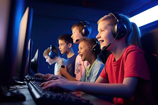 Group cheerful excited children professional gamers playing video games computer game room