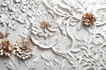 Papier Peint photo Lavable Portugal carreaux de céramique The seamless blend of a white floral carving design against a textured white background, capturing the eye with its intricate details
