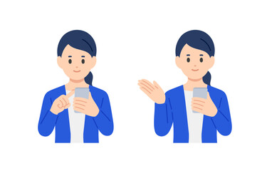 スマホを見る･案内のポーズをするビジネスパーソン女性のセット【人物ベクターイラスト素材】