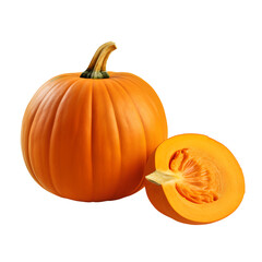 Whole orange pumpkin and slice of pumpkin, isolated on transparent background, PNG, 300 DPI