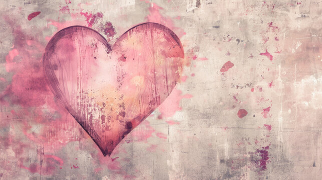 Celebrate Valentine's Day with a grunge-textured background image with a red painted heart on a discolored wall showing love, passion, romance and desire, unique image with room for copyspace