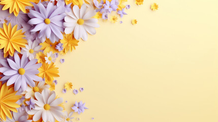 A cheerful floral border with white, purple, and yellow daisies on a sunny yellow background, perfect for spring.