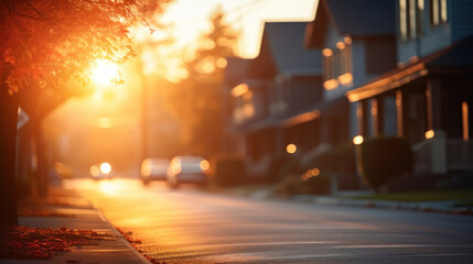 A quiet suburban road under the enchanting light of an autumn sunset, with warm hues and a peaceful ambiance.