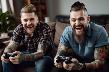 portrait two excited adult men tattoos enjoying video game competition smiling cheerfully holding wireless controllers while sitting couch living room - obrazy, fototapety, plakaty