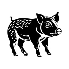 Pet pig in linocut textured style. Isolated on white background vector illustration