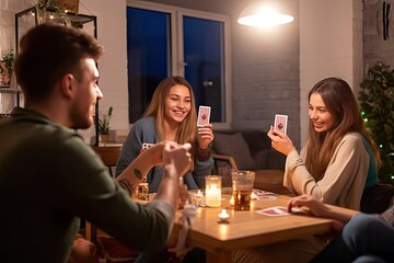friendship, leisure entertainment concept  happy friends playing cards game drinking beer home evening
