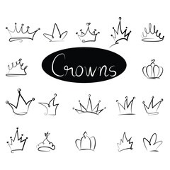 Hand drawn crown. Crown Sign Black Thin Line Icon Set Hand Drawn Doodle Style. Vector illustration of Crowns Icons. 手描きの王冠。 クラウン サイン黒の細い線のアイコンは、手描き落書きスタイルを設定します。 王冠のアイコンのベクトル イラスト © HNUArt