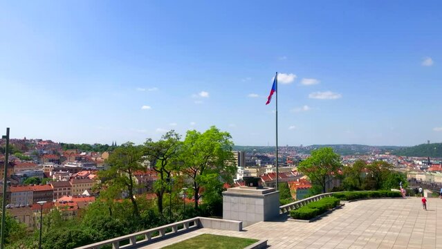 View of cityscape and buildings of Prague city from Vitkov Hill. Historical landmark. Prague, Czech Republic. 