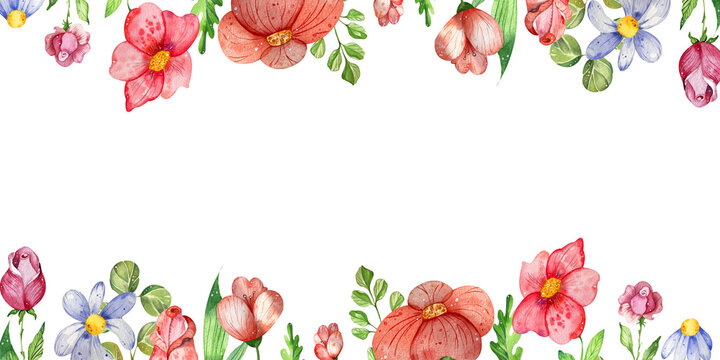 a flower garland. Horizontal watercolor composition of light summer wildflowers. isolated on a white background. for the design of banners, postcards, invitations