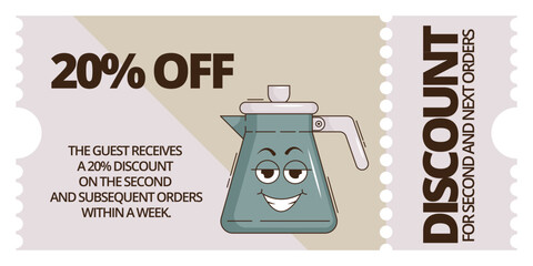 Funky groovy cartoon character Coffee discount coupon. Vintage funny mascot patch psychedelic smile, emotion. Design art for cafe, bar, restaurant. Comic trendy vector illustration 90s style