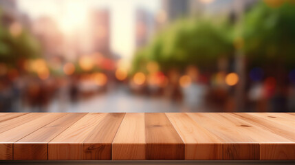 Empty wooden table with a vibrant, blurred cityscape background, ideal for product display or food presentation.