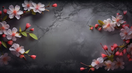 Elegant cherry blossoms and buds on a dark, moody background, showcasing a blend of beauty and contrast.