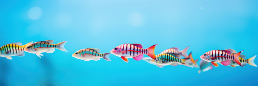 A school of tropical fish with vivid stripes swimming in formation in the clear blue waters of an aquarium.