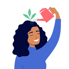 Self care or self compassion concept vector illustration. Mental health or psychological therapy. Woman watering plant on her head in flat design. © Orapun