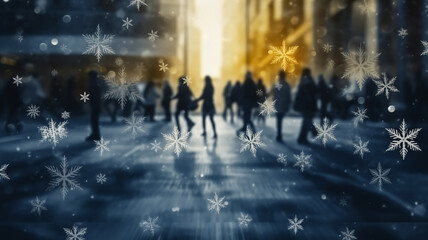 winter blurred background, snowflakes, people crowd, pedestrian street in snowfall, abstract Christmas backdrop