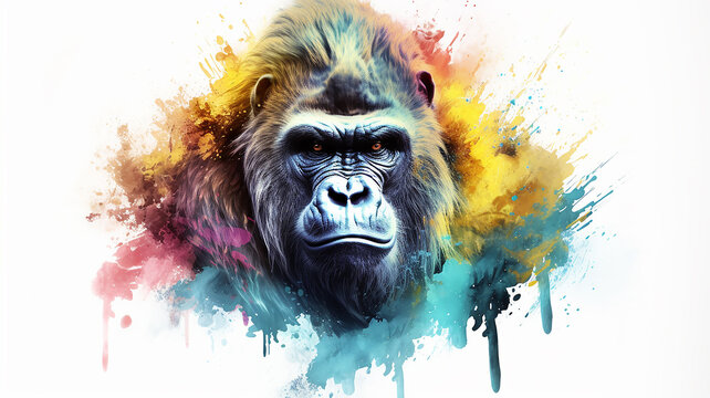gorilla portrait of a monkey, watercolor illustration on a white background, liquid paint spots, print for design