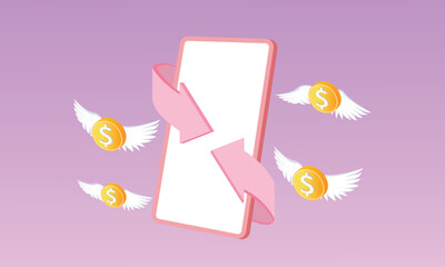 3D money payment transfer money system online payment concept, Bundles cash and floating 3d money coins exchange with mobile phone banking.3d goal for business, bank, finance, investment illustration.