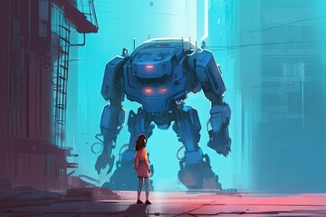 Young girl standing looking giant blue robot, gital art style, illustration painting