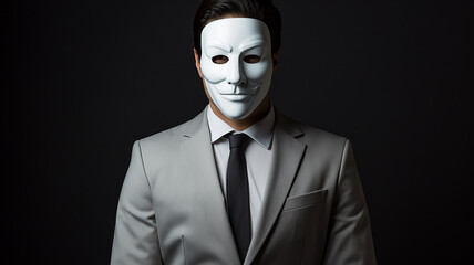 a businessman in a white mask hiding his face
