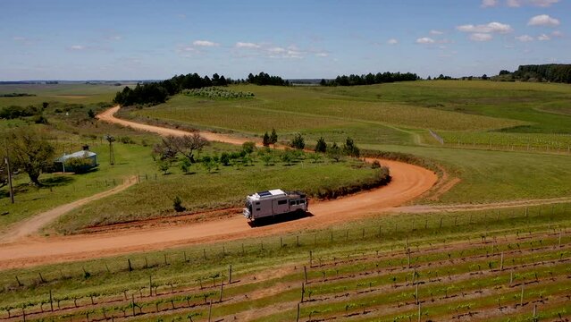 Aerial Shot Expedition Truck Driving Sand Track Uruguay Brazil Border Vineyard Green Landscape