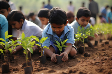cute indian children group doing plantation. - obrazy, fototapety, plakaty