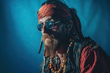 Studio photo of a pirate on a blue background. The captain has a beard, a hat and a suit.