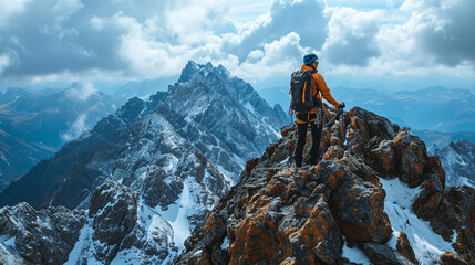 Mountaineer Standing on Snowy Ridge With Backpack and Gear, Gazing at Alpine Peaks Under Cloudy Sky, Symbolizing Achievement and Victory