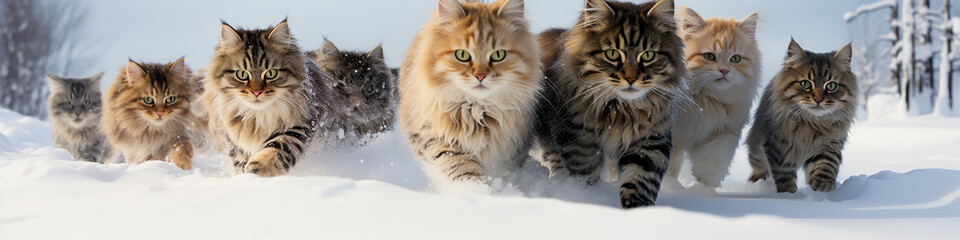 group of cats long narrow panoramic view in a dynamic pose running through fluffy snow, the onset of winter, December christmas nature - obrazy, fototapety, plakaty