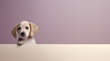 dog looks out, on a smooth background in the studio, a lot of copy space for design