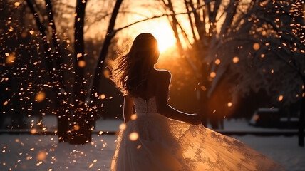 Obraz premium bride in a white dress with a veil in a winter park view from the back, Christmas snowy nature