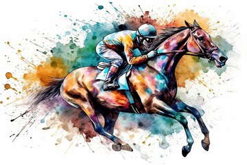 Race horse jockey watercolor splatter background Neural network  art - obrazy, fototapety, plakaty