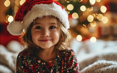 happy smiling girl with Santa hat in Christmas background