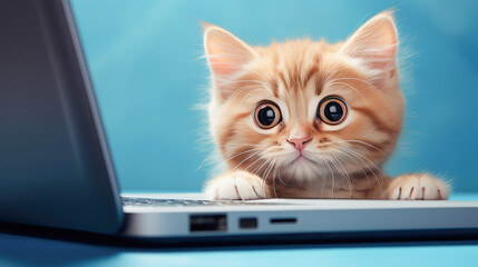 a red kitten on a blue laptop background

