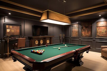 A home theater th doubles game room, pool table large television2, - obrazy, fototapety, plakaty